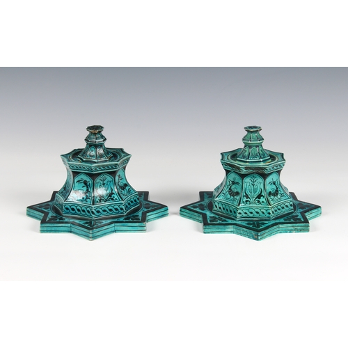 60 - A closely matched pair of Iznik style porcelain candlesticks by Samson of Paris  late 19th century, ... 