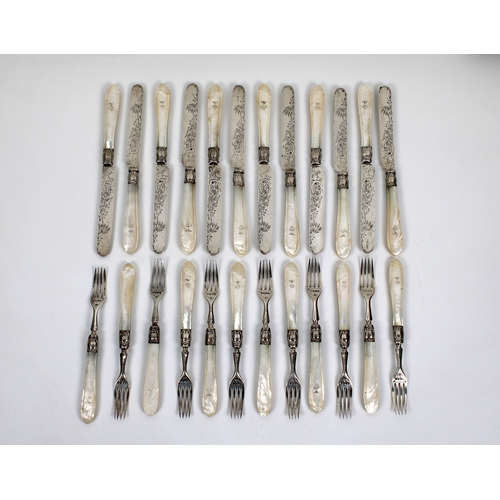 366 - Twelve Victorian silver fruit knives and forks  with mother of pearl handles, Sheffield 