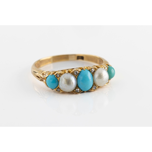 108 - A Victorian 18ct yellow gold turquoise and pearl five stone ring set with alternating turquoise cabo... 