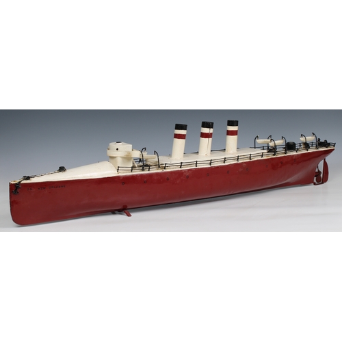 1114 - An early 20th century scratch built clockwork model of SS New Orleans probably 1930's, the three fun... 