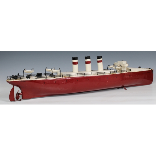 1114 - An early 20th century scratch built clockwork model of SS New Orleans probably 1930's, the three fun... 