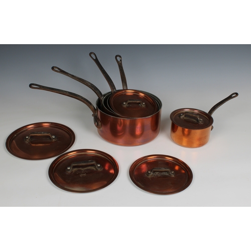 1115 - A graduated set of five French Villedieu copper tin lined saucepans 12cm; 14; 16; 18, and 20cm, toge... 