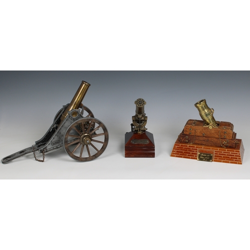 1123 - A collection of six 20th century model brass and wood cannons and mortars comprising an Armada Gun, ... 