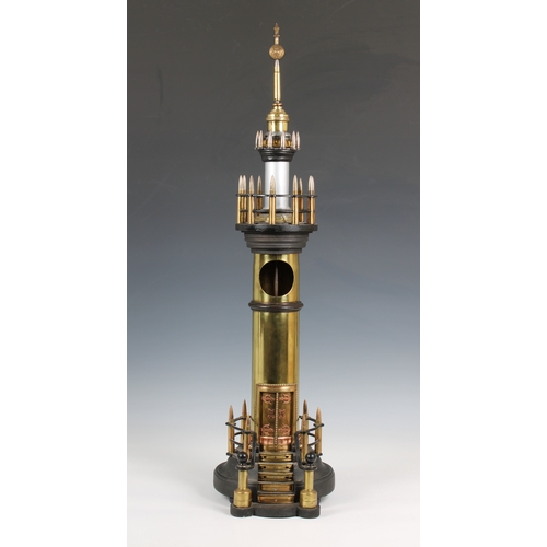 1124 - A large trench art lighthouse made with shells and bullets, the centre with turning cog and mechanis... 