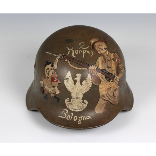 1126 - A Polish painted German steel helmet well painted to front with soldier and Hitler 'Korpus - Bologna... 