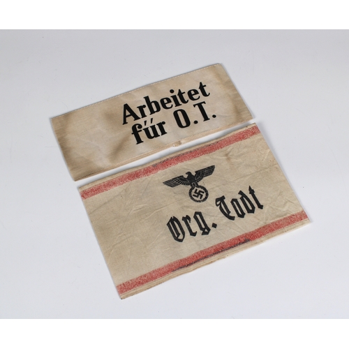 1129 - Two Third Reich Organisation Todt Armbands one with black printed Arbeitet für O.T.