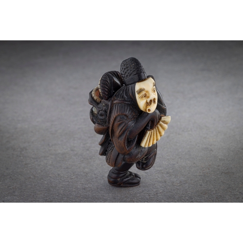 1221 - A RARE AND FINE WOOD NETSUKE OF AN OKINA DANCER Signed Shunsai, Japan, late 19th century, Meiji peri... 