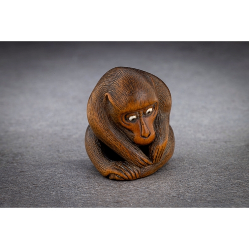 1224 - A WOOD NETSUKE OF A MONKEY PICKING FLEAS Signed Koichi, japan, second half of 19th century Finely ca... 