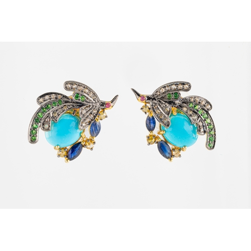 133 - A pair of silver gilt multi-gem set stud earrings the exotic birds design set with cabochon turquois... 