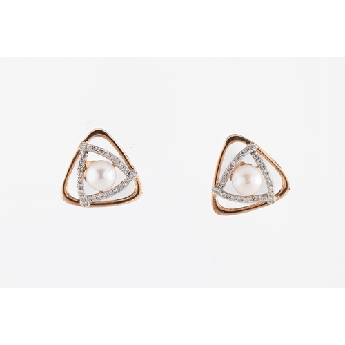 267 - A pair of 9ct rose gold pearl and diamond triangular shaped earrings the 5mm cultured pearls within ... 