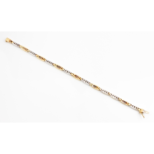 288 - An 18ct two-colour gold and diamond bracelet marked '750', the pierced, white gold links each set wi... 