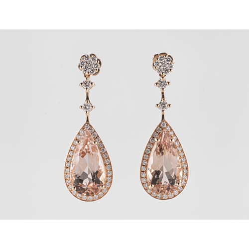 290 - A pair of 18k rose gold morganite and diamond drop earrings the pear mixed cut morganites totalling ... 