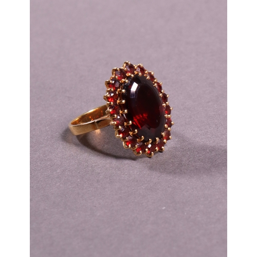 322 - A Bruce Russell 18ct yellow gold garnet cluster ring one oval garnet 18 x 13mm surrunded by 18 3mm g... 