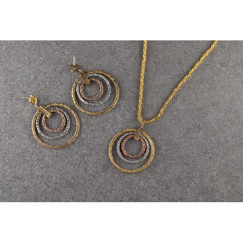 36 - A suite - 9ct tri-colour gold pendant necklace and earring set the 4cm circular pendant having three... 