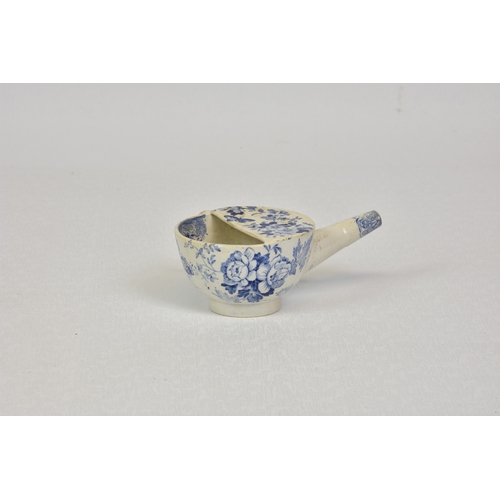 368 - An antique blue and white transfer ware invalid feeding cup partially covered and a long spout, the ... 