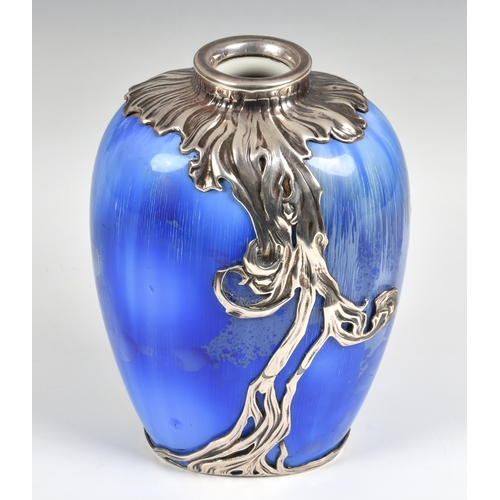 387 - An Art Nouveau Royal Copenhagen silver-mounted ovoid vase, the blue enamelled body overlaid with sin... 