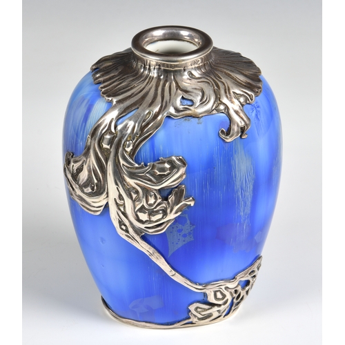 387 - An Art Nouveau Royal Copenhagen silver-mounted ovoid vase, the blue enamelled body overlaid with sin... 