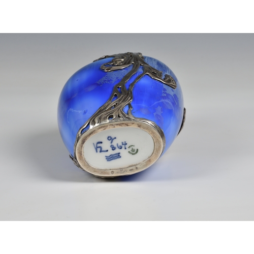 387 - An Art Nouveau Royal Copenhagen silver-mounted ovoid vase, the blue enamelled body overlaid with sin... 