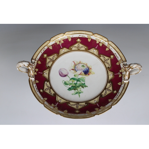 389 - Victorian porcelain cake stand with printed floral decoration and gilding, 13 3/8 x 7½ in. high.