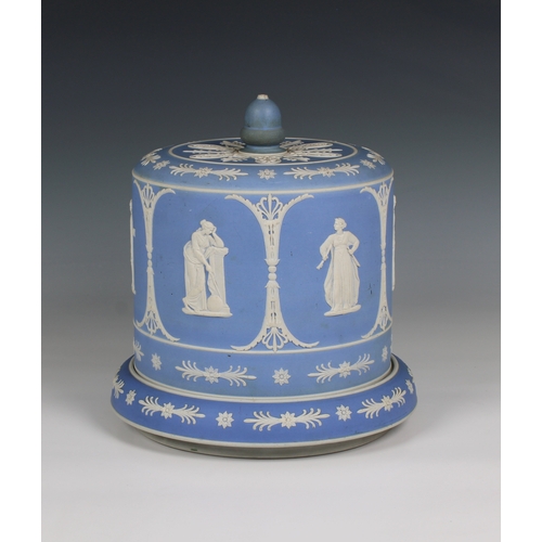 391 - A Wedgwood style blue ground jasper ware cheese cover and stand 10½in. (26.7cm.) diameter, 11½in. (2... 