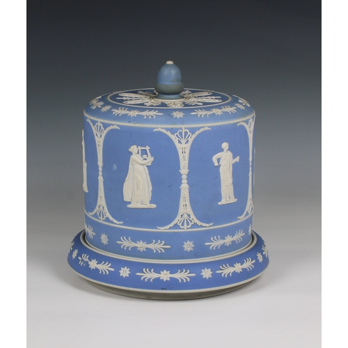 391 - A Wedgwood style blue ground jasper ware cheese cover and stand 10½in. (26.7cm.) diameter, 11½in. (2... 