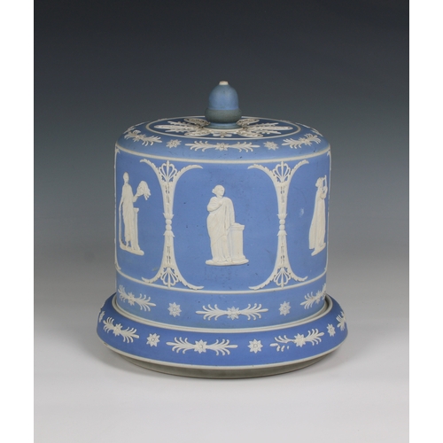 391 - A Wedgwood style blue ground jasper ware cheese cover and stand 10½in. (26.7cm.) diameter, 11½in. (2... 