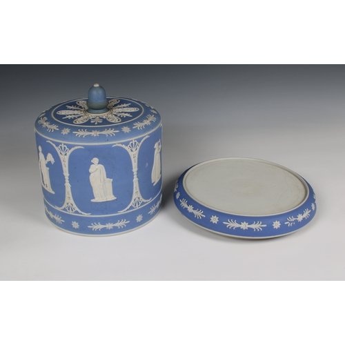 391 - A Wedgwood style blue ground jasper ware cheese cover and stand 10½in. (26.7cm.) diameter, 11½in. (2... 