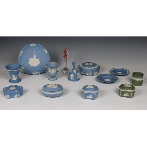 407 - A collection of various Wedgwood blue & green Jasperware to include jar / pots, vases, bell etc, tog... 