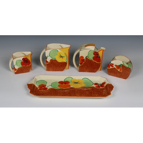 413 - A Clarice Cliff Bizarre hand painted 'Nasturtium' pattern five piece tea service comprising a teapot... 