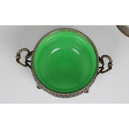 416 - A French 19th century green opaline glass bowl with pierced metal cover and stand of circular form, ... 