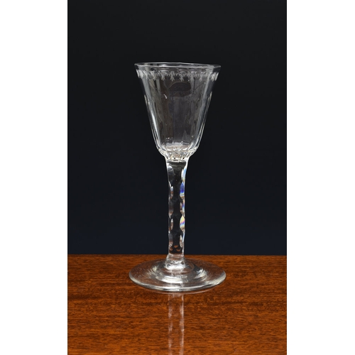 417 - A fine 18th century fluted, engraved and facet cut wine glass c.1770, the pointed round funnel bowl ... 