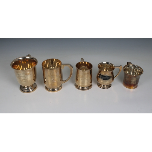 491 - Five silver tankards of varying forms and inscriptions to include snooker and billiards, dated 1925-... 