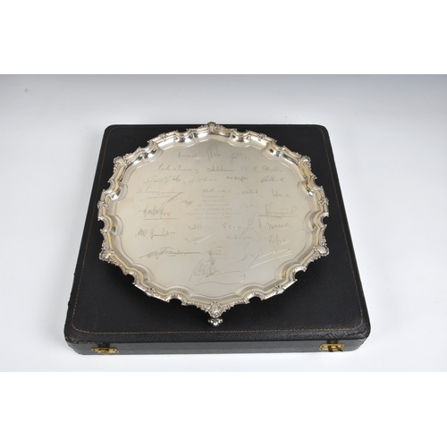 524 - Silver presentation salver J B Chatterley & Sons Ltd, Birmingham, 1970, of typical form with shell, ... 