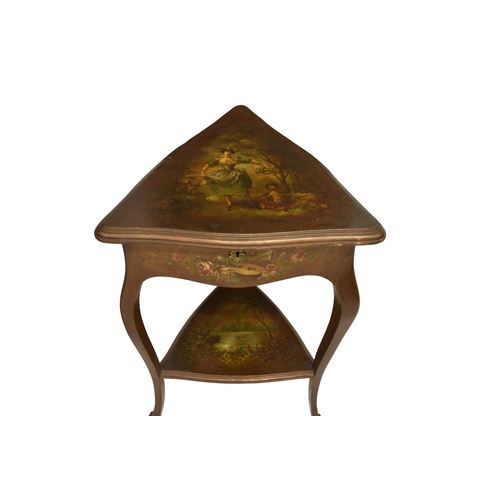 691 - A 19th century sewing table of triangular form, the hand painted hinged lid of a woman and child in ... 