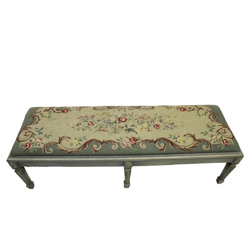 759 - A 20th century Neo Classical style upholstered settle with a painted wood frame and embroidered cove... 