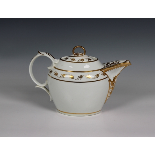 408 - A Derby porcelain teapot , circa 1800-1810 white body with gilded decoration, factory mark beneath, ... 