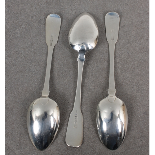 456 - Two Georgian Scottish silver fiddle shell pattern dessert spoons Andrew Wilkie, Edinburgh, 1818, int... 