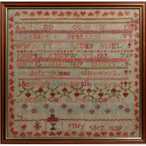 1113 - A Channel Islands mid-19th century alphabet needlework sampler Mary Allez 1839, traditional first sa... 