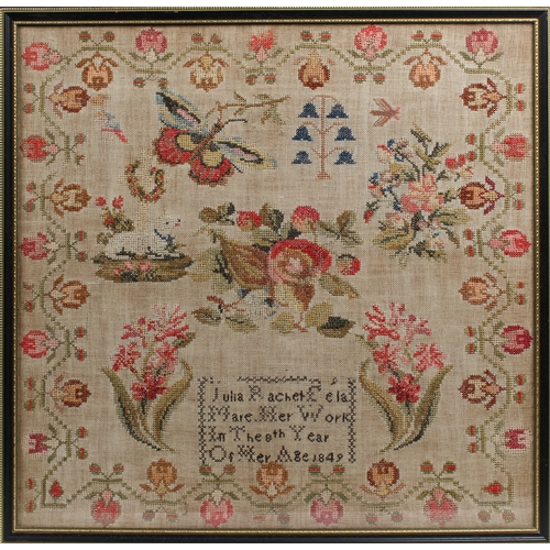 1112 - A named Channel Islands mid-19th century needlework sampler by Julia Rachel De La Mare, Her work in ... 