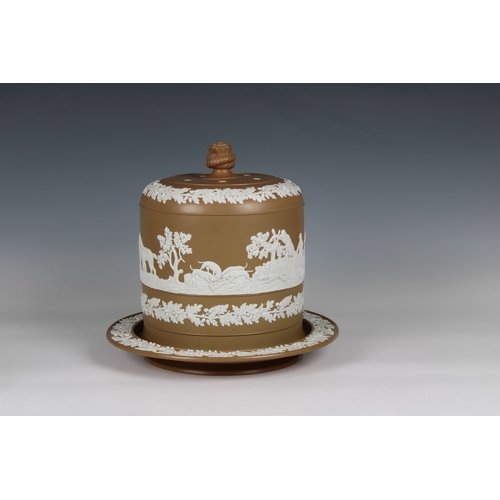 103 - A late 19th century coffee coloured Jasperware cheese dome and stand probably Wedgwood, unmarked, ha... 