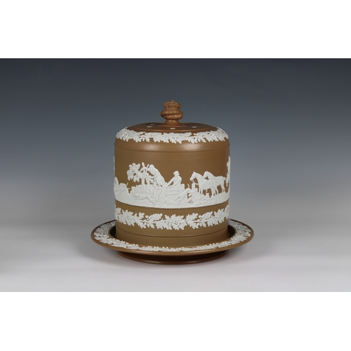 103 - A late 19th century coffee coloured Jasperware cheese dome and stand probably Wedgwood, unmarked, ha... 