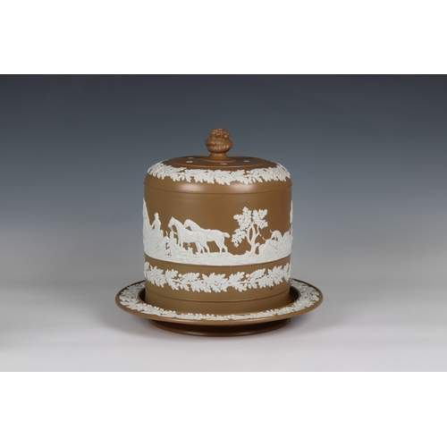 103 - A late 19th century coffee coloured Jasperware cheese dome and stand probably Wedgwood, unmarked, ha... 