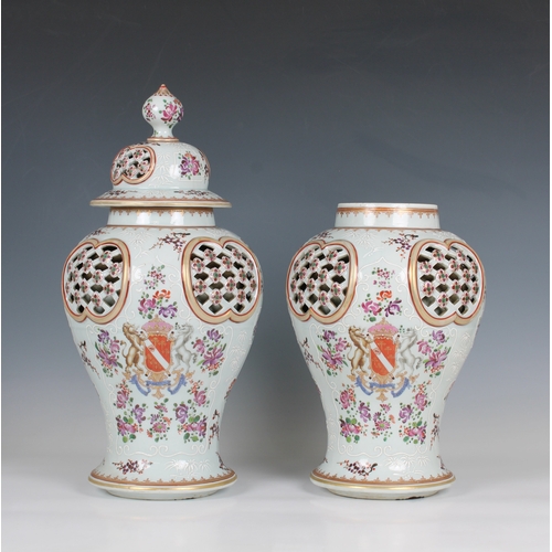 107 - A pair of Samson of Paris armorial baluster vases and covers 19th century, painted in famille rose e... 