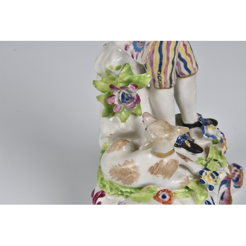 116 - A pair of Bow porcelain figures of a shepherd and shepherdess late 18th century, the shepherd holdin... 