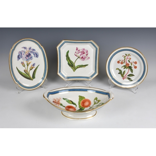 118 - An 18th century Coalport soft paste botanical part dessert service each piece painted with a named s... 