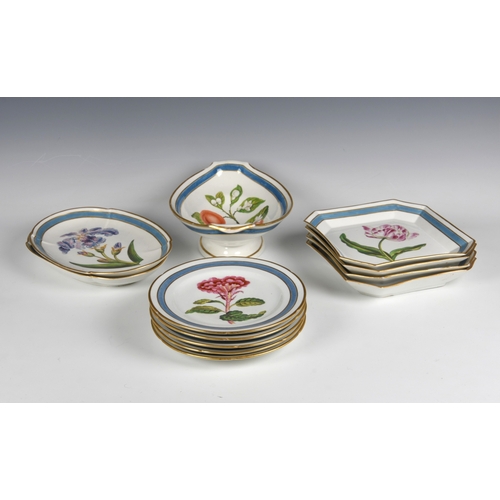 118 - An 18th century Coalport soft paste botanical part dessert service each piece painted with a named s... 