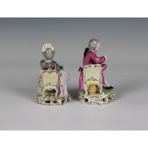 119 - A pair of Sampson porcelain figurines modelled depicting a seated young lady and a dandy, with gold ... 