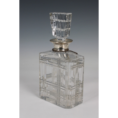 165 - A silver mounted rectangular clear glass decanter and Georgian silver bottle ticket 9¾in. (24.8cm.) ... 