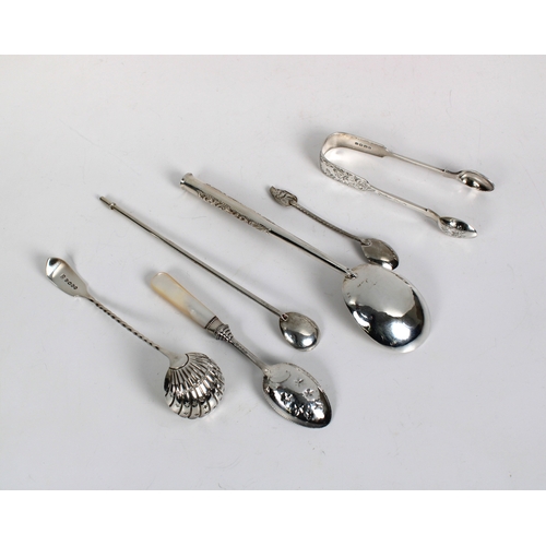 180 - A white metal cocktail drinking straw spoon stirrer 8in. (20.3cm.) long, together with silver sugar ... 