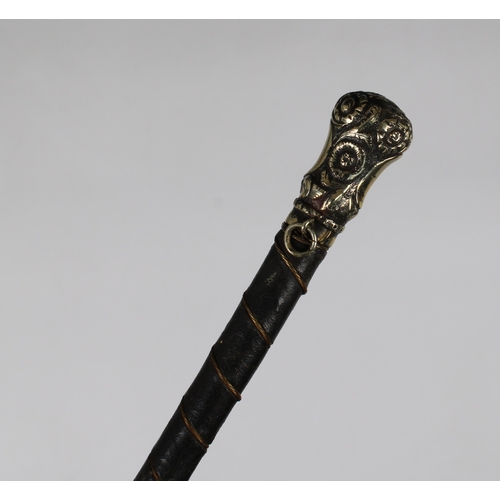 234 - An unusual white metal mounted porcupine quill swagger stick / whip 28in. (71cm.) long.